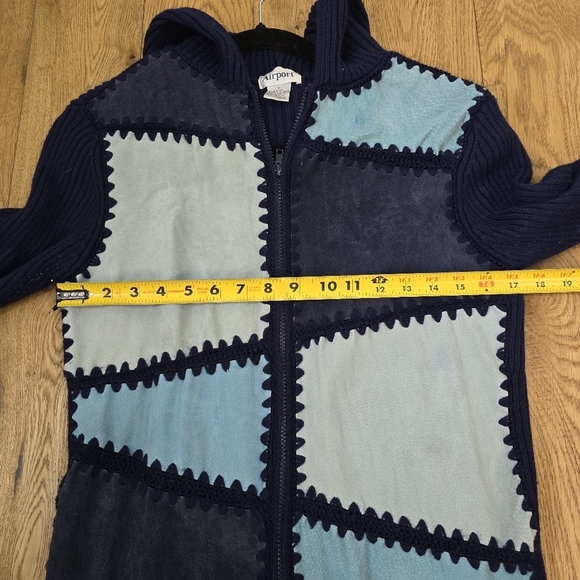 Vintage Airport Blue Suede Patchwork Knit Long Cardigan Medium - Picture 10 of 11